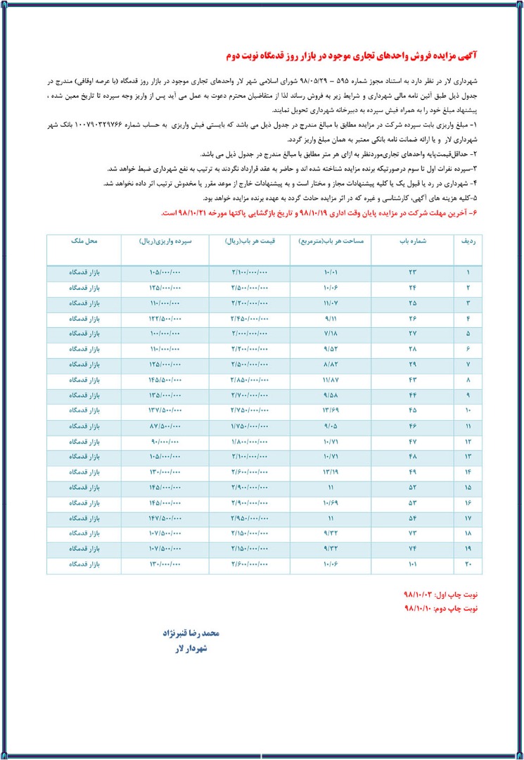 آگهی مزایده فروش واحدهای تجاری موجود در بازار روز قدمگاه شهرستان لار استان فارس