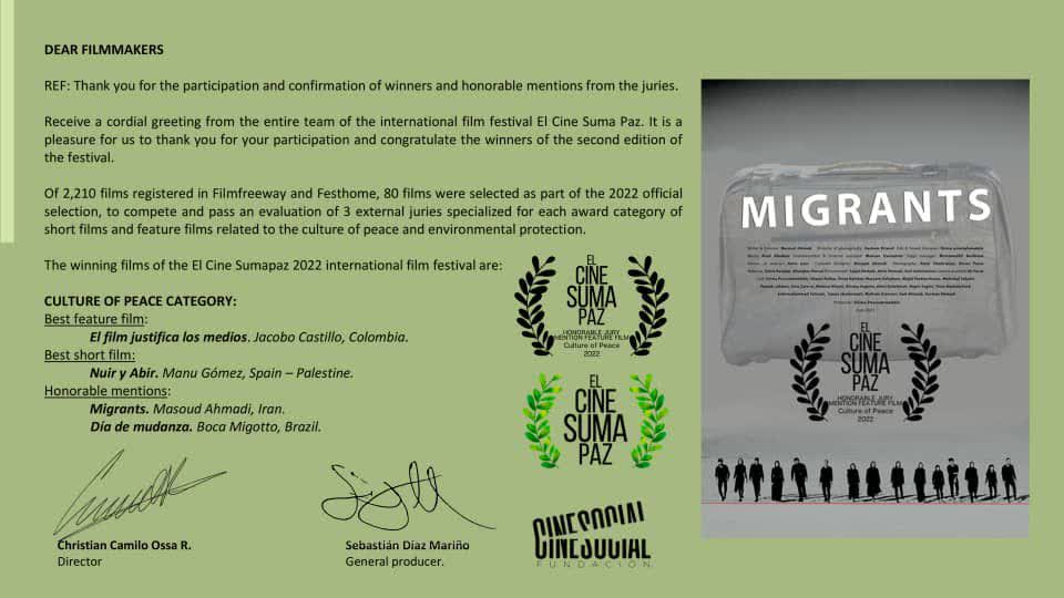 جایزه بهترین فیلم جشنواره El Cine Sumapaz به فیلم مهاجران رسید